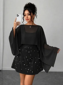 Elenzga Plus Size Women's Summer Shawl 2 In 1 White Pearl Decor Minimalist Elegant Dress Suitable For Date Birthday Party Photo - Black - View 4