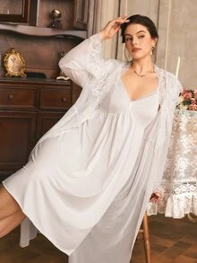 Côtesoire Plus Size Women's Contrast Lace Long Sleeve Robe And Camisole Nightgown Elegant Sleepwear Set - Baby Blue - View 6