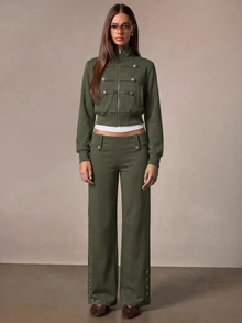 Athîral Women's Casual Zip-Up Long Sleeve Napoleon Sweatshirt - Army Green - View 2