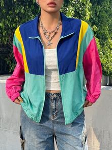 Muchica 大尺碼女款拼色拉鍊前開輕量夾克，休閒秋冬風格 - 彩色 - 查看 1