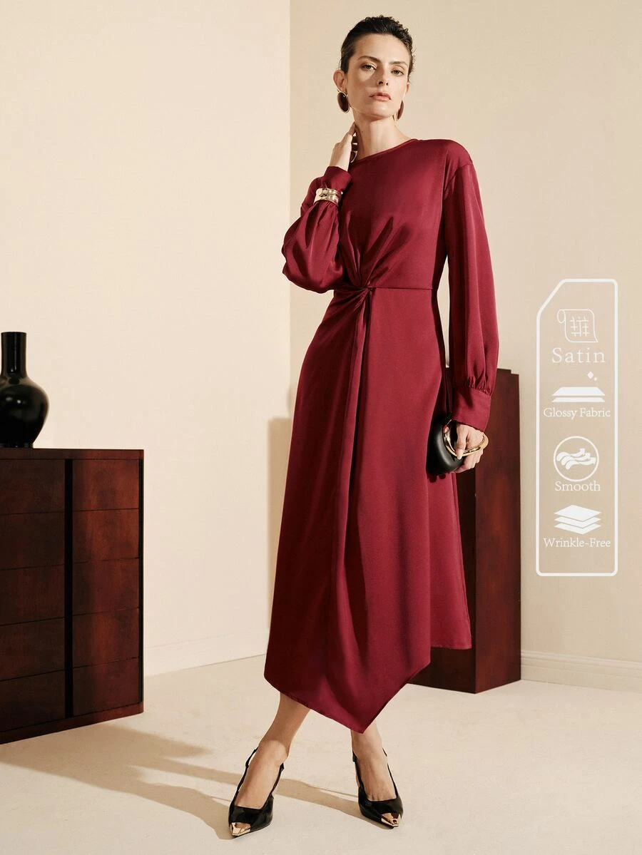 Arave Elegant Fashion French Vintage Commuter Sample Dress, Sophisticated Design, Versatile Mid-Length Dress For Women - Burgundy - View 1