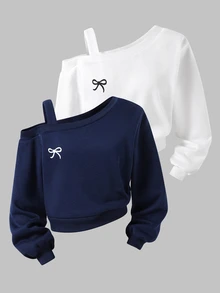 SHEIN 青少年女孩 2 件組蝴蝶結印花露肩休閒衛衣 秋冬穿搭 舒適日常款 - 彩色 - 查看 3