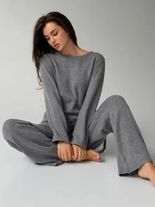 Livesso Women's Solid Color Long Sleeve Top And Pants Casual Daily Loungewear Set - Grey - View 11