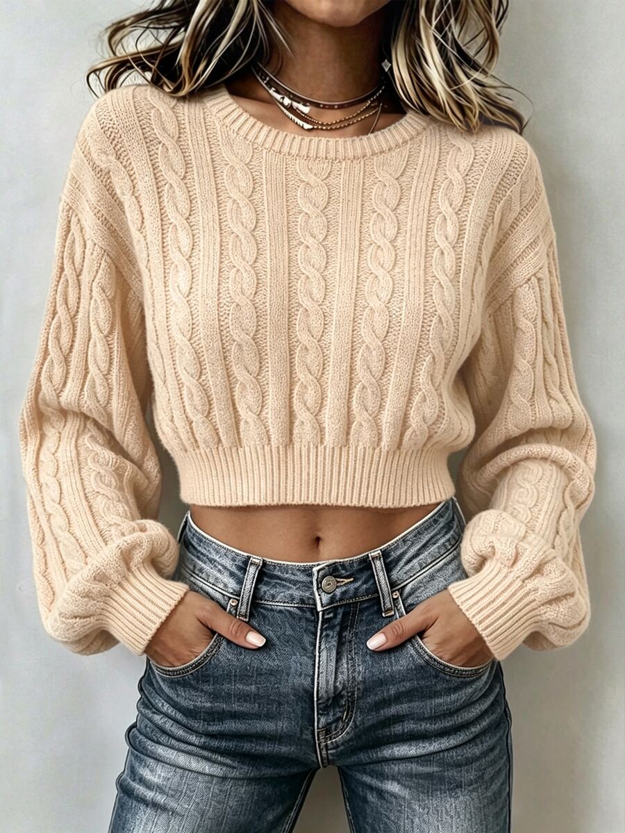 Trelyra Women's Round Neck Dropped Shoulder Long Sleeve Cable Knit Cropped Sweater - Champagne - View 1