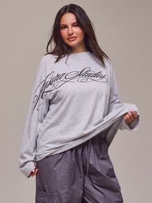 MUSERA 大尺碼米色圖案長袖上衣 冬季秋季休閒上衣 日常穿搭舒適酷感 - 淺灰色 - 查看 1