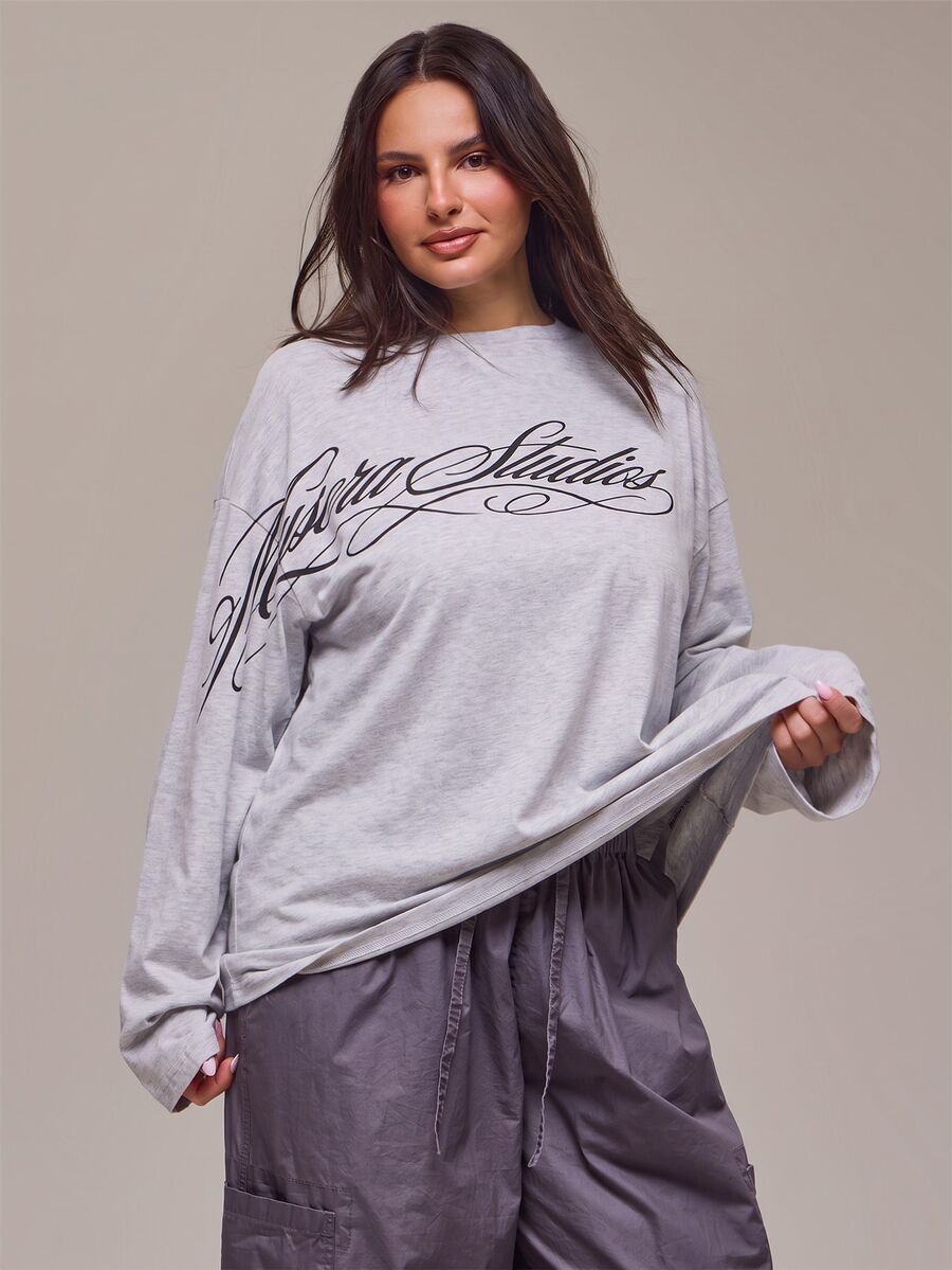 MUSERA 大尺碼米色圖案長袖上衣 冬季秋季休閒上衣 日常穿搭舒適酷感 - 淺灰色 - 查看 1