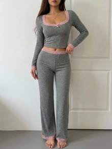 DAZY 2pcs/Set Women's Lace Patchwork Square Neck Fitted Long Sleeve T-Shirt & Long Pajama Pants Sleepwear Set - Grey - View 5