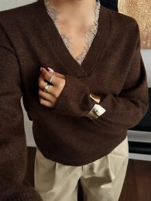 Dazy Plus V-Neck Contrast Lace Design Loose Fit Brown Vintage Sweater, New Autumn/Winter - Brown - View 7
