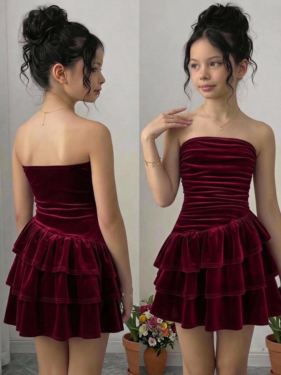 Girlism Tween Girl Tween Girls Burgundy Velvet Simple Comfortable Layered Ruffle Hem Strapless Puff Dress - Burgundy - View 1