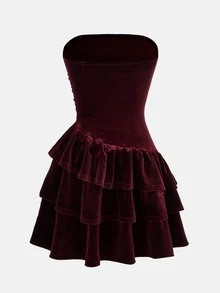 Girlism Tween Girl Tween Girls Burgundy Velvet Simple Comfortable Layered Ruffle Hem Strapless Puff Dress - Burgundy - View 2