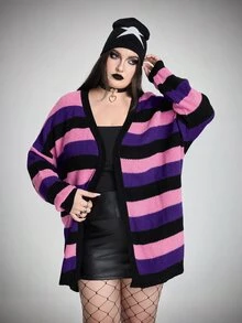 SHEIN CURVE+ 大尺碼哥德龐克萬聖節多色條紋羊毛針織開襟衫，女款秋冬針織衫 - 彩色 - 查看 4