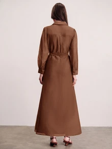 Aveloria Modichic Commuter Design, Belt Waist Decoration, Fashionable Elegant Pleated Quilted Versatile Slimming Long Dress - Brown - View 2