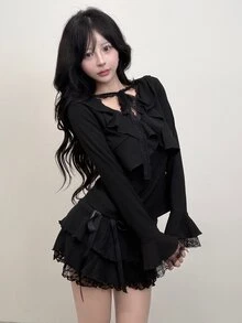 FRIFUL Women's Solid Color Pleated Casual Versatile Daily Long Sleeve T-Shirt - Black - View 5