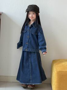 DAZY (Gadis Remaja) Set Denim 2 Potong Kasual Lucu Bahan Denim Washed Lengan Panjang Berkerah + Rok Lipit A-Line Kasual - Dark Wash - View 5