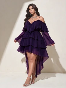 Viva Relle Plus Size Women Solid Color Fashion Party Dress Fall - Purple - View 1