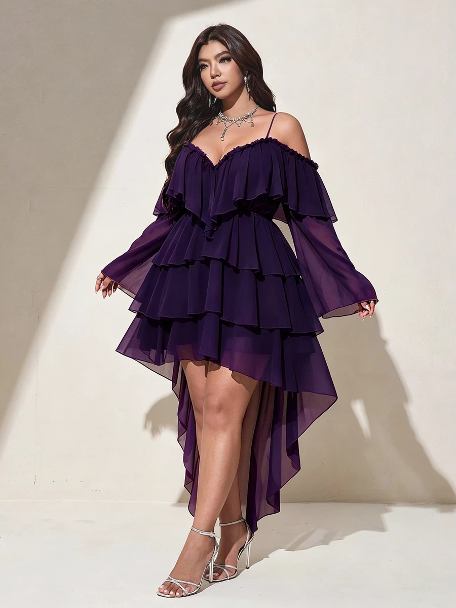 Viva Relle Plus Size Women Solid Color Fashion Party Dress Fall - Purple - View 1