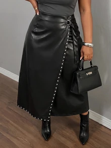 Slaydiva Plus Size Wrap Front Tie Maxi Skirt, High Waist Split Long Skirt With Side Pocket, Elegant Curvy Daily Bottoms Fall - Black - View 8