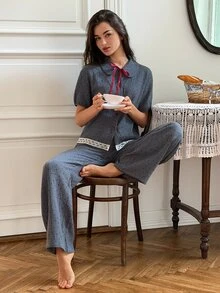 DAZY Women's Colorblock Short Sleeve Top And Long Pants Casual Daily Home Sleepwear Set - Blue - View 6