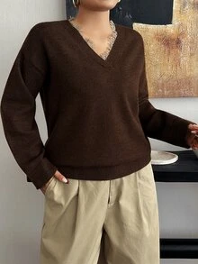 Dazy Plus V-Neck Contrast Lace Design Loose Fit Brown Vintage Sweater, New Autumn/Winter - Brown - View 8