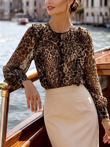 EMERY ROSE Plus Size Women's Autumn Round Neck Sheer Leopard Print Frill Trim Long Sleeve Casual Versatile Commute Date Outfit Blouse Simple Elegant Shirt - Multicolor - View 3