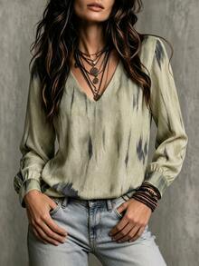 SHEIN Elegant Casual Elegant Gradient V-Neck Long Sleeve Slimming Top Office Going Out Sage Green Fall - Multicolor - View 2