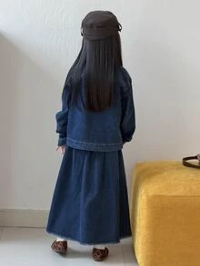 DAZY (Gadis Remaja) Set Denim 2 Potong Kasual Lucu Bahan Denim Washed Lengan Panjang Berkerah + Rok Lipit A-Line Kasual - Dark Wash - View 2