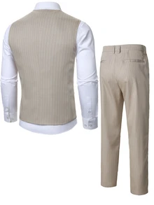 Manfinity Mode Men's Fashion Striped Suit Set With Vest And Pants - Khaki - View 2
