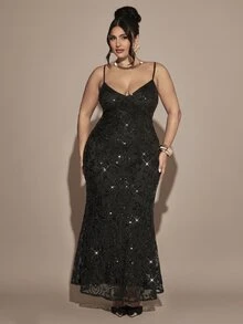 Gossip Girl X SHEIN SHEIN BAE CURVE 大尺碼女款修身優雅黑色細肩帶亮片洋裝，黑色亮片正式細肩帶魚尾下擺長版晚禮服 - 黑色 - 查看 6