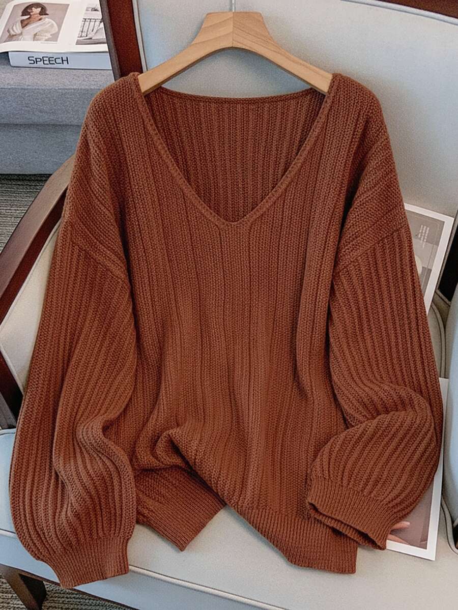 GlowEve CURVE Plus Size Elegant V-Neck Drop Shoulder Long Sleeve Pullover Sweater Fall Winter - Rust Brown - View 1