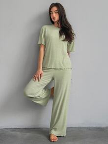 DAZY Women's Solid Color Round Neck Short Sleeve Top And Long Pants Loungewear Set - Green - View 1