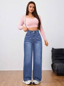 SHEIN Tall Women's Casual Daily Wear Washed Denim Jeans With Pockets And Buttons - Dark Wash - View 3
