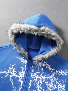 ROMWE MEN Goth 男士毛絨拼接休閒日常連帽衛衣 - 藍色 - 查看 7
