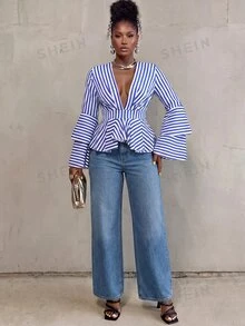 BamGlimmer Summer Autumn New Design, Deep V-Neck, Multi-Layer Ruffle Hem, Double-Layer Ruffle Sleeve Women's Blouse, Fashionable Vacation Casual Style, Suitable For Travel, Daily Wear, Back To School, Party And Gathering, Commute Versatile - Blue and White - View 6