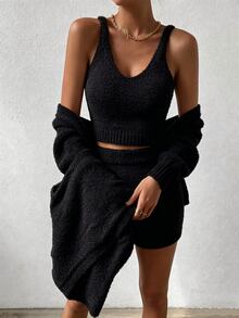 SHEIN LUNE 女款純色內搭上衣、長袖開襟衫與短褲針織三件套 - 黑色 - 查看 3