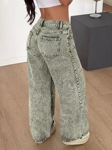 SHEIN PETITE Women's Casual Daily Denim Jeans With Pockets And Buttons - Army Green - View 4