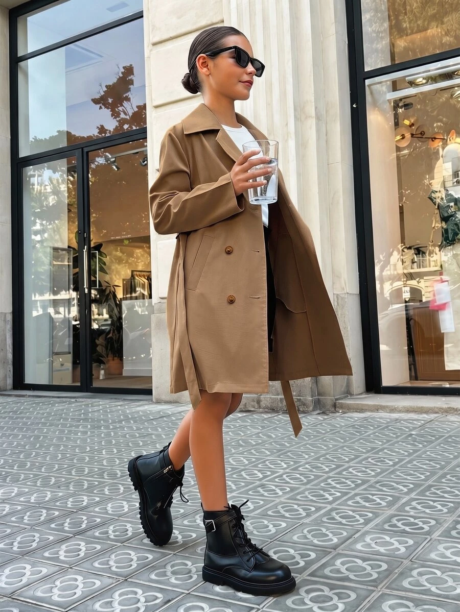 SHEIN Tween Girl Lapel Double-Breasted Kids Tie-Waist Pocket Casual Trench Coat,Khaki ,Shades Of Brown,Autumn,Casual Collegiate Style For Fall Winter - Brown - View 1