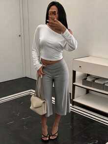 BamGleam Sexy Style Asymmetrical Shoulder Long Sleeve T-Shirt + Grey Wide Leg Capri Pants Set, Lazy Casual 2 Pieces Outfit - Multicolor - View 3
