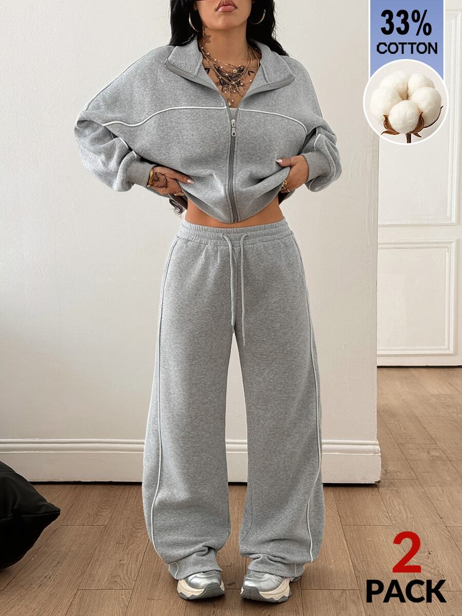 Coolane Women's Fall/Winter Basic Grey Casual Gym Two Pieces Outfits 33%Cotton Streetwear Sportswear Zip Front Hoodie & Drawstring Pants Banded Texture Set - Grey - View 1