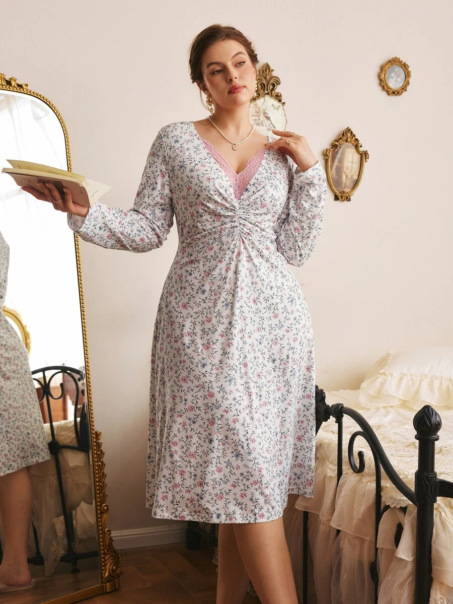 Côtesoire Mature Elegant French Noble Charm Intellectual Lace Patchwork Ruched Fitted Romantic Ditsy Floral Print Plus Size Nightgown - White - View 1