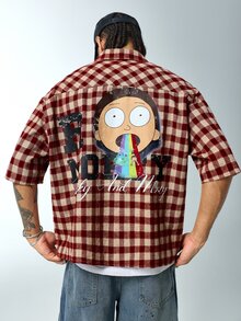 Rick and Morty X SHEIN Men's Plaid Letter Cartoon Pattern Casual Daily Short Sleeve Shirt - Red - View 1