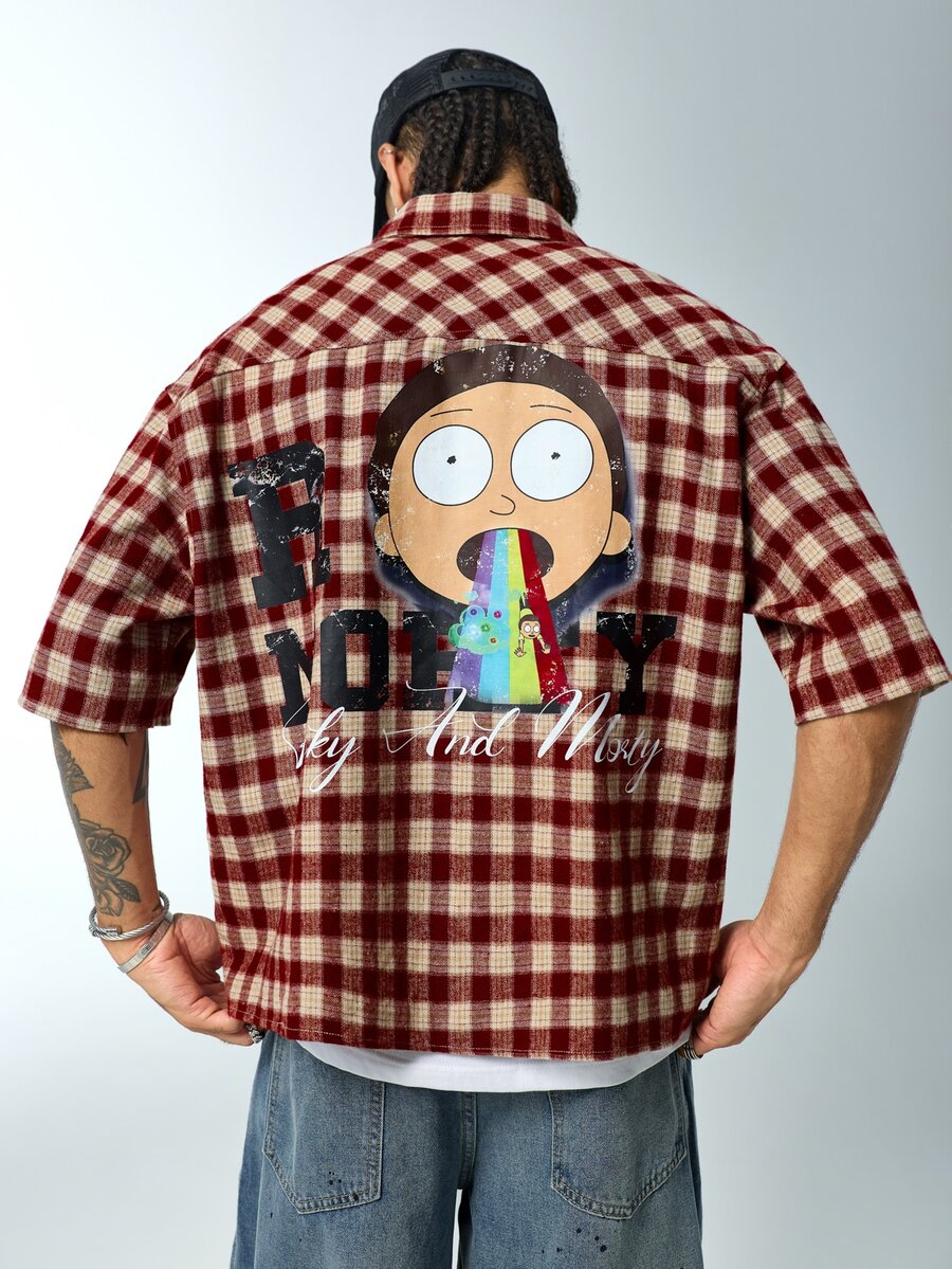 Rick and Morty X SHEIN Men's Plaid Letter Cartoon Pattern Casual Daily Short Sleeve Shirt - Red - View 1