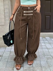 Rivivi 大尺碼女款無彈力丹寧翻邊咖啡棕條紋燈籠褲 牛仔風女裝套裝 - 咖啡棕 - 查看 5