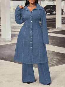 Slaydiva Plus Size Women Non-Stretch Denim Long Jacket With Hollow Back Design, Cowboy Outfits For Women - Medium Wash - View 3