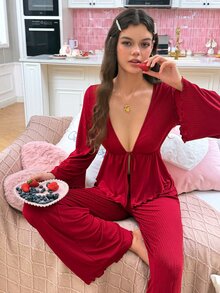 SweetSlumber Sweet Cute Sexy V-Neck Long Sleeve Pants Pajama Set For Women - Burgundy - View 5
