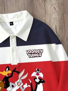 LOONEY TUNES X SHEIN Manfinity Joysei 男士休閒拼色條紋鈕扣領套頭運動衫 - 彩色 - 查看 3