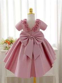 SHEIN Glamorique Kids Baby Girl Satin Train 3D Flower Back Bow Decor Party Princess Dress - Dusty Pink - View 4