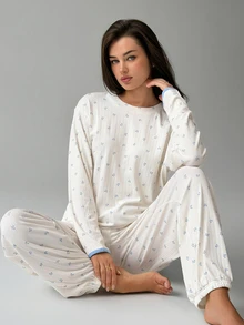 DAZY Women's Ditsy Floral Long Sleeve Top And Drawstring Waist Long Pants Pajama Set - White - View 5