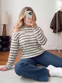 Vionelle 大尺碼女款法式休閒優雅高領條紋露肩運動衫 - 彩色 - 查看 5