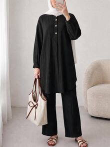Solavon Solid Button Front Longline Blouse & Pants - Black - View 1