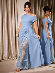 Cravure Women's Plus Size Party Date Banquet Cocktail Wedding Simple Elegant Cold Shoulder Lace Trim Slit Pleated Asymmetric Neckline Solid Color Long Dress - Dusty Blue - View 4